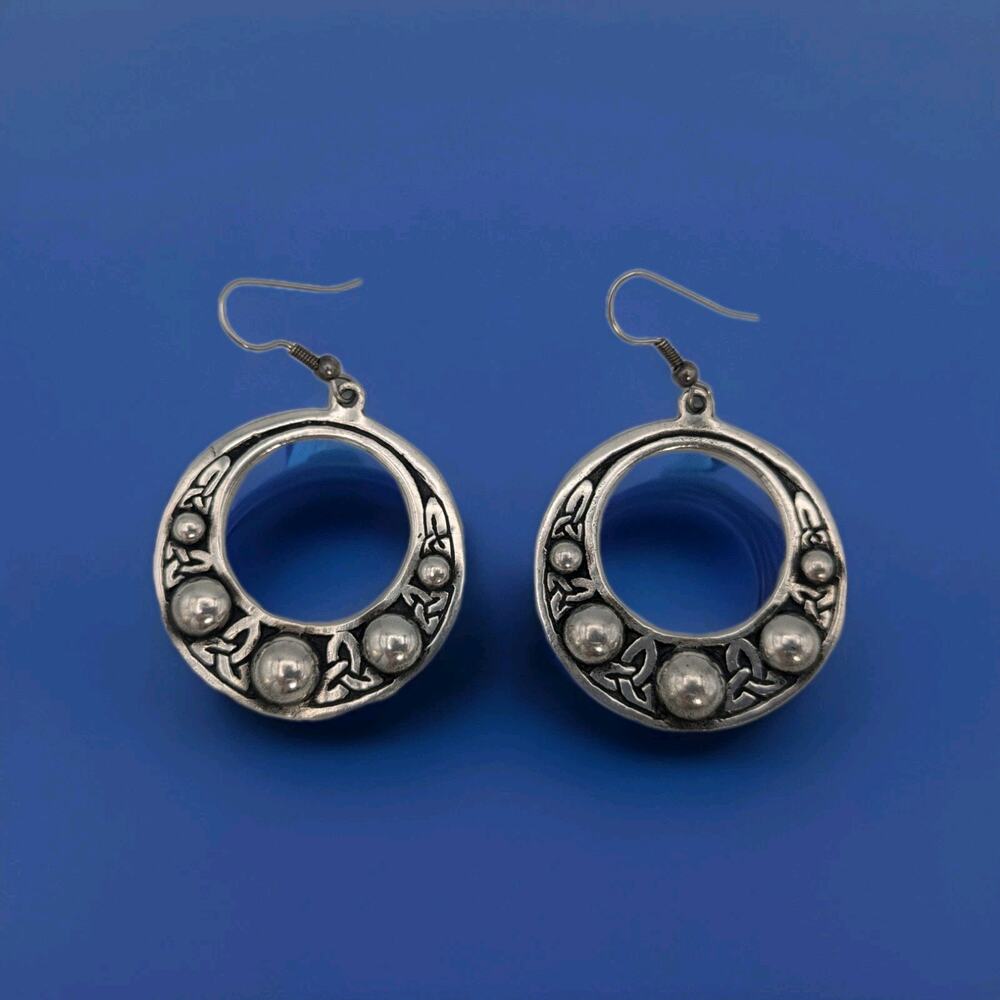 Vintage Signed J.S.C. Silver Tone Celtic Drop Hoop Earrings